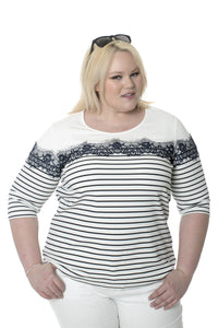 Striped 3/4 Sleeve Top with Lace Accent