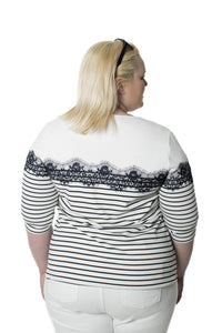 Striped 3/4 Sleeve Top with Lace Accent