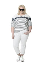 Striped 3/4 Sleeve Top with Lace Accent