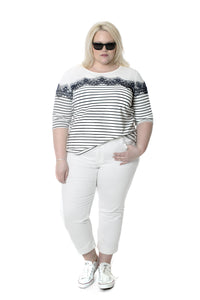 Striped 3/4 Sleeve Top with Lace Accent