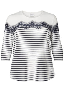 Striped 3/4 Sleeve Top with Lace Accent